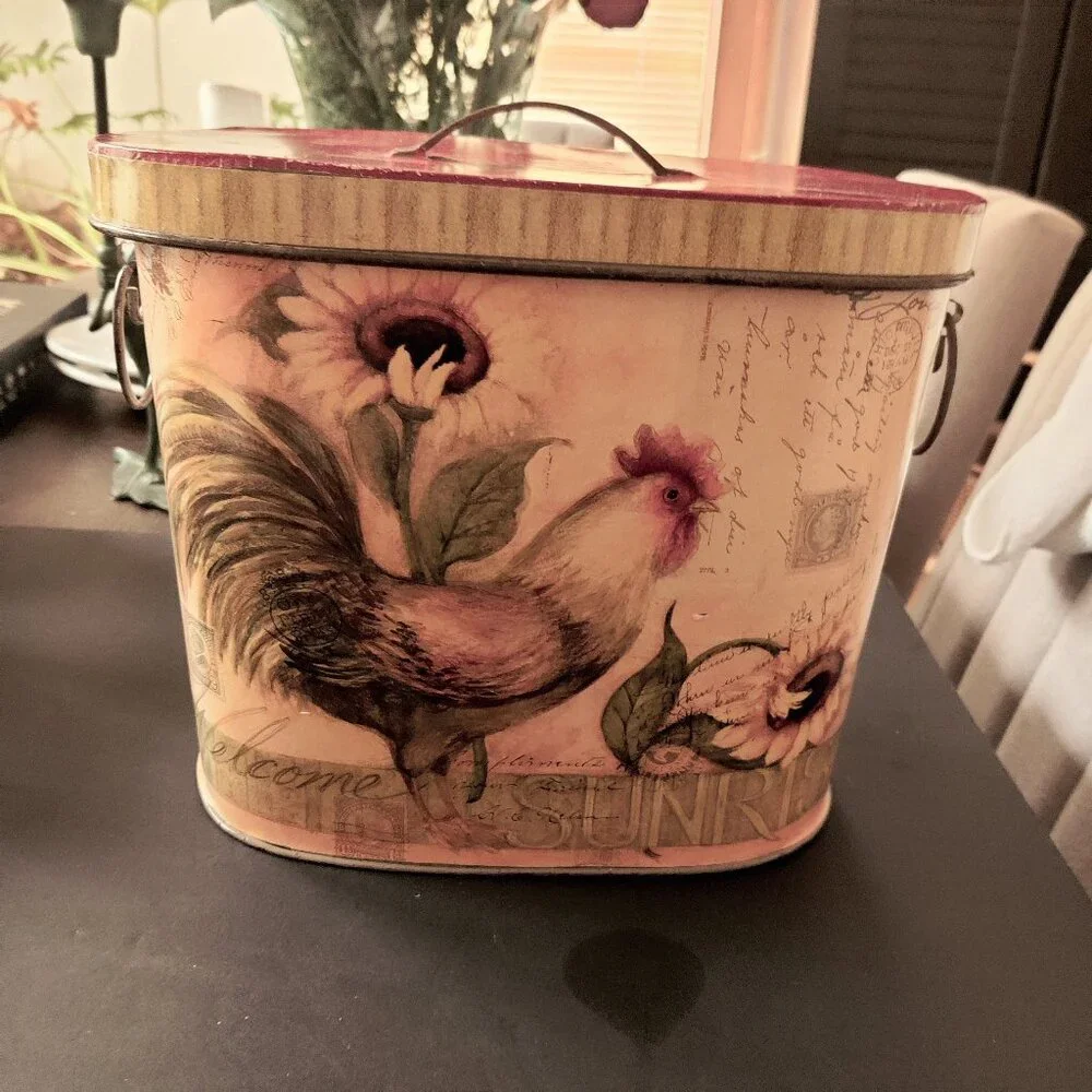Rooster Box Canister by Home Inspirations Joanne Fabric, with barn red lid.